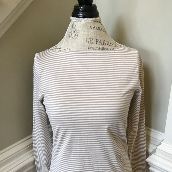 Ann Mashburn Long Sleeve Boatneck Tee T Shirt Top Womens Medium Tan Cream Stripe - Picture 2 of 9